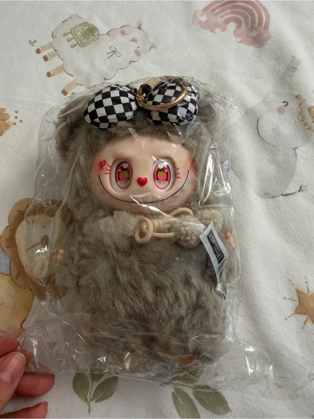 Labubu Plush Small Pet Toy Keychain - Brown Faux Fur with Checkered Bow
